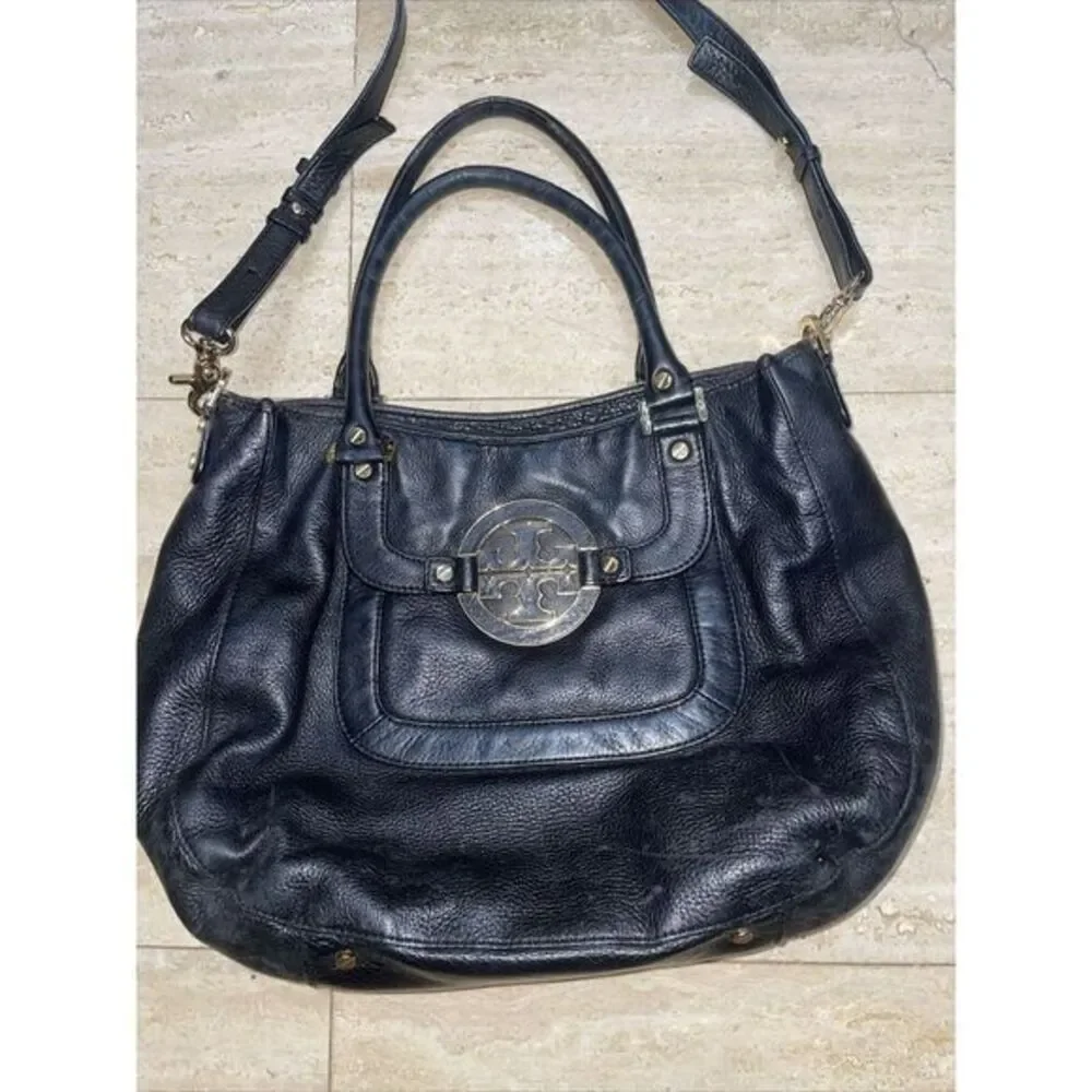 Tory Burch Amanda Hobo Black Pebbled Leather Handbag Satchel Shoulder Messenger - Picture 2 of 14